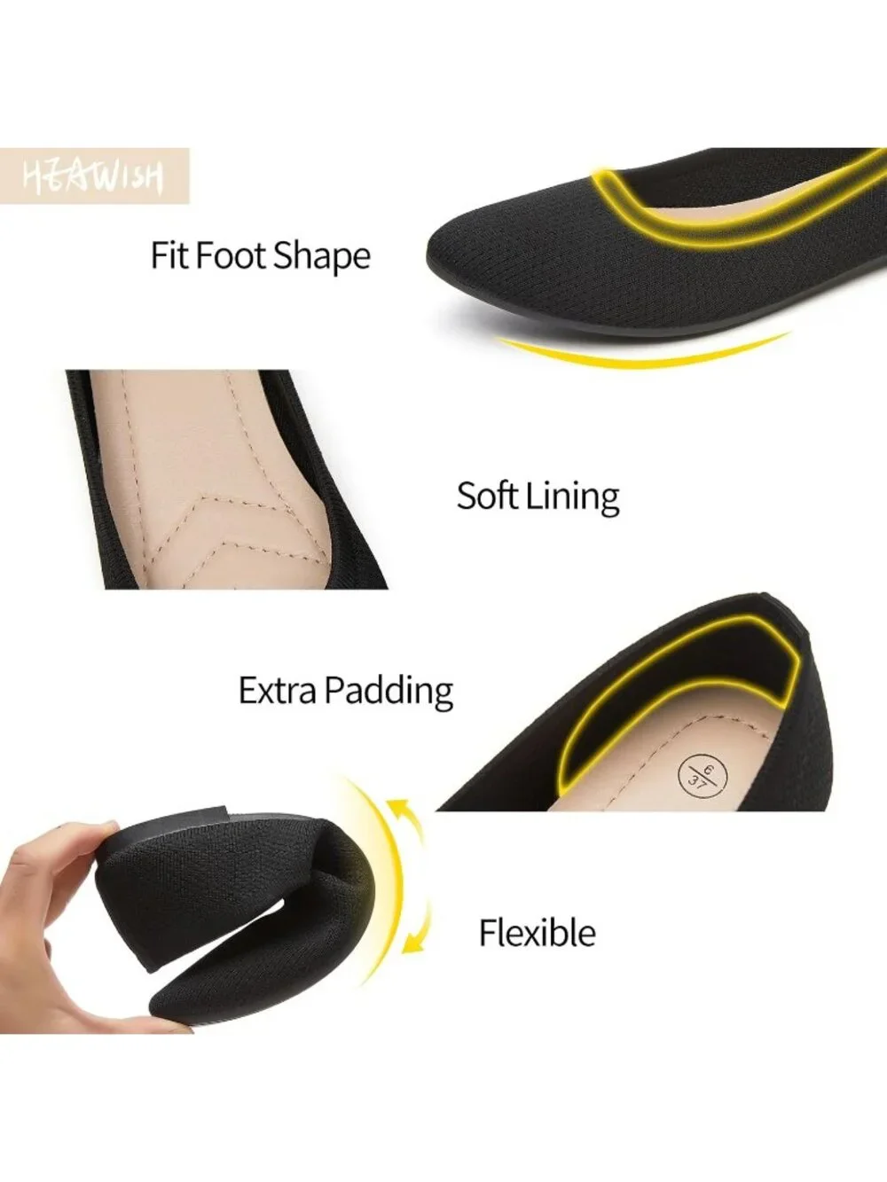 Women’s All Black Ballet Flats Comfortable Mesh Pointed Toe Slip On Dress Shoes